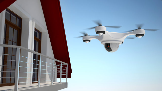 Drone spying through window your house. Privacy policy concept.