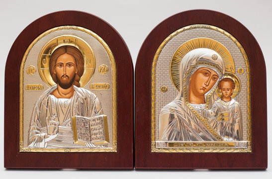 UKRAINE, KYIV - MARCH 2, 2017: The Icon a Mother of God (Mary) and child (Jesus Christ) on gilding wood