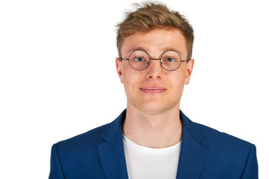 Young man isolated over white background with glasses.