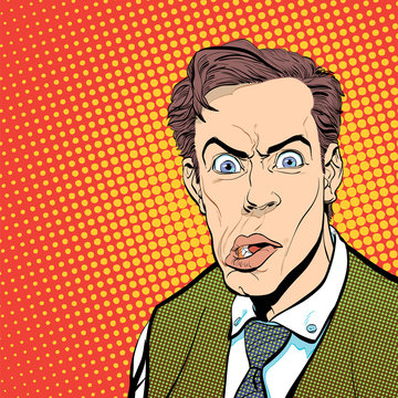 Portrait of scared man. Scared businessman. Surprised man. Pop art retro style illustration. People in retro style. Halftone background. Man's face.