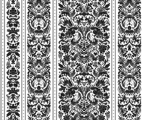 Striped seamless pattern on baroque style. Seamless floral wallpaper. Damask background. Vector illustration. Black on white.