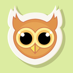 Sticker with the face of a kind owl in the cartoon style is isolated on a simple background. An image of an owl with a contour.