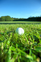 Golf ball on wet lush fairway