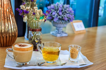 Cappuccino coffee cup and tea,Hot coffee in white mug,hot tea
