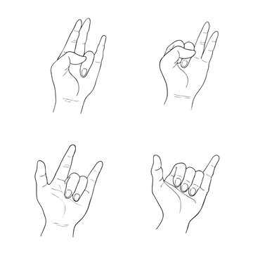 Set of Sketch Human Hand Gestures on White Background