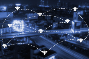  wifi network connection communication technology concept on blurred night city background, color tone effect