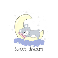 Good night vector card with bear sleep on the moon