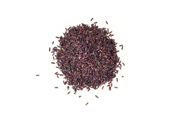 Heap of raw black rice on white background