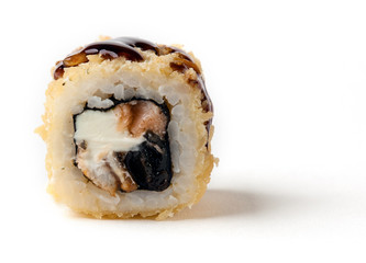 A warm roll with a smoked eel, some cream cheese and a salmon