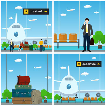 Airport , Waiting Room with a Woman and Men , View on Airplane through the Window ,Luggage Bags for Traveling, Scoreboard Arrival and Departure , Travel and Tourism Concept, Vector Illustration