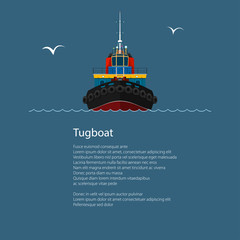 Front View of the Vessel Tugboat,Tow Boat and Text, Push Boat for to Towage and Mooring of Other Courts ,Poster Brochure Flyer Design, Vector Illustration