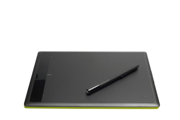 Graphic tablet with pen for illustrators and designers, isolated on white background