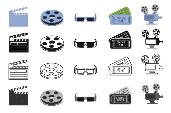Movie icons, set with cinema camera projector, bobbin, glasses, tickets and clapperboard