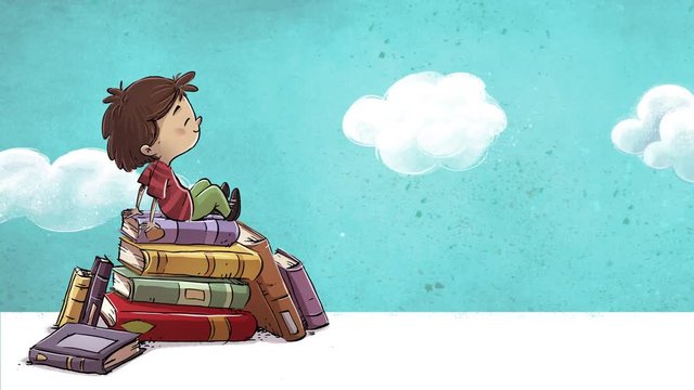 Ni&ntilde;o con muchos libros sentado con fondo de nubes