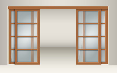Sliding glass doors with wooden lintels. Fragment of the interior, a design element of the room.