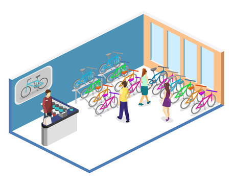 Isometric flat 3D isolated concept vector interior of bicycle shop