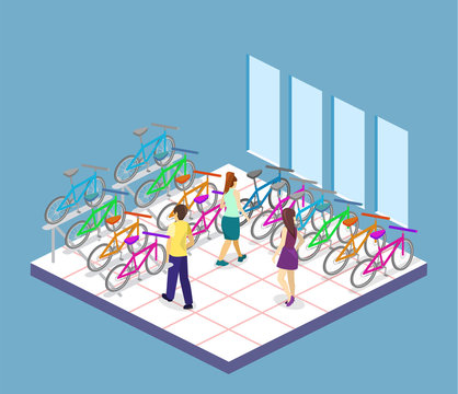 Isometric flat 3D isolated concept vector interior of bicycle shop