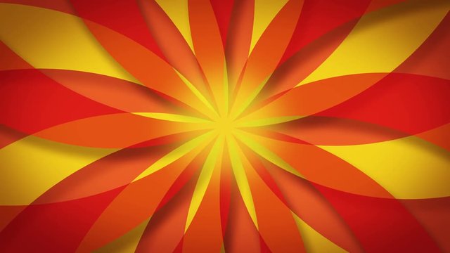 Red Orange And Yellow Kaleidoscopic Abstract Pattern background loop for logo or text.  rotating beams colorful cartoon retro pinwheel, hypnotic swirl, yellow and red sunburst abstract background