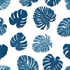 Seamless vector tropical botanical pattern with monstera palm leaves. Exotic hawaiian fabric design.