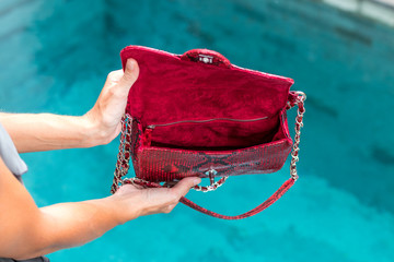 Girl holding opened luxury snakeskin python handbag on a swimming pool background. Tropical island...