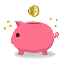 Pig piggy bank with coin. The concept of saving or save money. Icon of investments in the form of a toy pig piggy bank. Vector illustration.