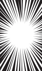 Comic book black and white radial lines background. Manga speed frame design element. Graphic explosion vector illustration for smartphone screen.