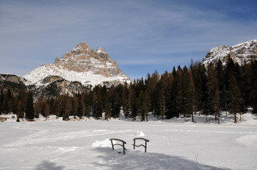 Winter Landscape, Tre Cime di Lavaredo, Drei Zinnen, view from Antorno lake in Dolomites, Veneto, Italy.