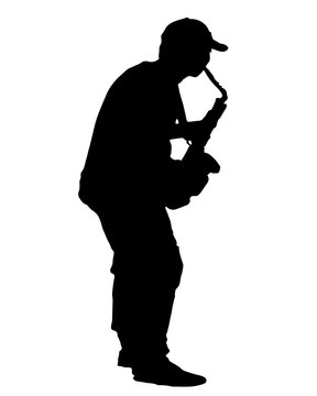 black silhouette vector of a musician playing the saxophone isolated on white background