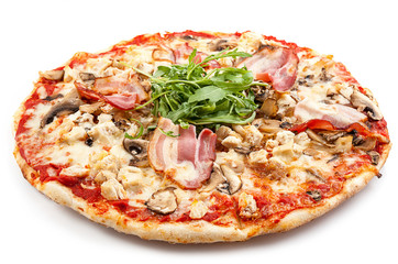 Meat pizza with slice isolated on white background