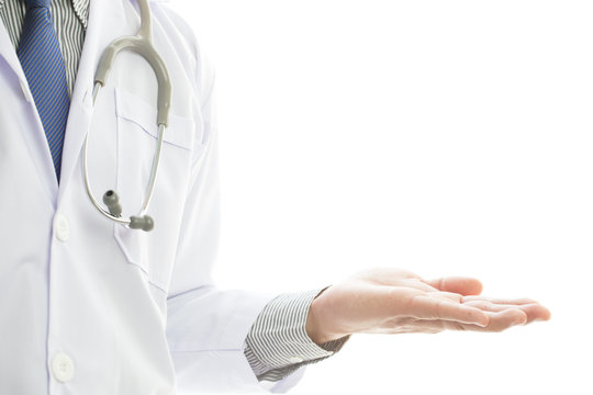 Empty hand of doctor on white background
