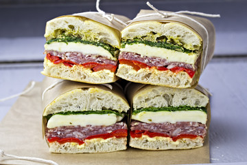 Ciabatta pressed sandwich salami mozarella spinach red pepper