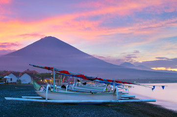 Volcano, ocean, fishing boats. Bali