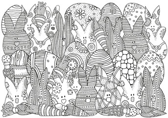 Obraz premium Coloring book page for adult. Easter rabbits and eggs. Hand drawn decorative vector elements . Black and white sketch. Zentangle. A4 size.