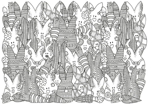 Coloring book page for adult.  Hand drawn decorative vector elements. Easter rabbits. Black and white sketch. Zentangle. A4 size.