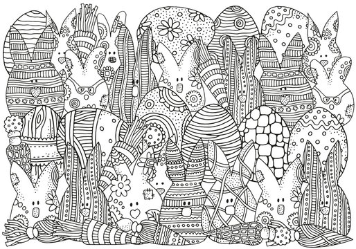 Coloring book page for adult. Easter rabbits and eggs. Hand drawn decorative vector elements . Black and white sketch. Zentangle. A4 size.