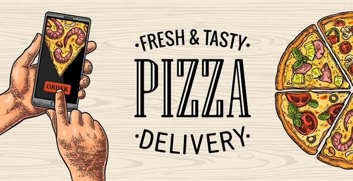 Vertical Banner Hands Touching A Mobile Phone For Order Pizza