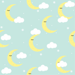 Seamless pattern with stars, moon, clouds. Cute baby print, wallpaper. Vector illustration.