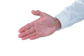 Hand of man gesturing against white background