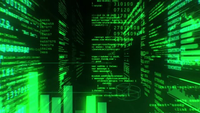 Flying Through the Software Code in Cyberspace. Looped 3d Animation. Green Color. Business and Technology Concept. HD 1080.