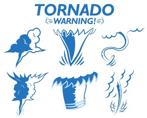 Weather icons set tornado warning clouds wind gusts of rain hail storm. Tornado season in the USA