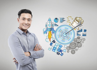 Smiling Asian man and blue target icons