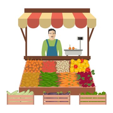Seller of vegetables on the market. There is a counter, scales and goods: cucumbers. tomatoes, onions, potatoes, carrots, beets, sweet peppers, eggplant and zucchini in the picture. Vector