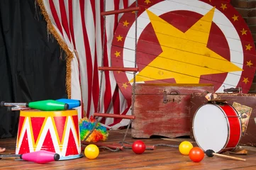 Circus backstage in retro style, drum suitcase. Interior. © Yarkovoy