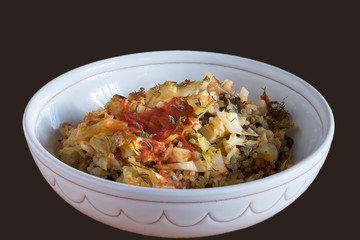 Quinoa and cabbage mousaka in a bowl