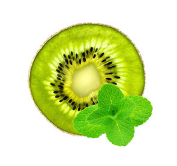 Naklejka na ściany i meble Slice of fresh juicy kiwi and mint herb isolated on white