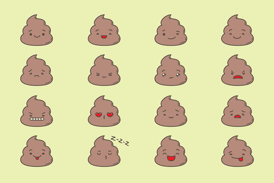 Set Of Kawaii Poop Emoticons. Isolated On Light Yellow Background.