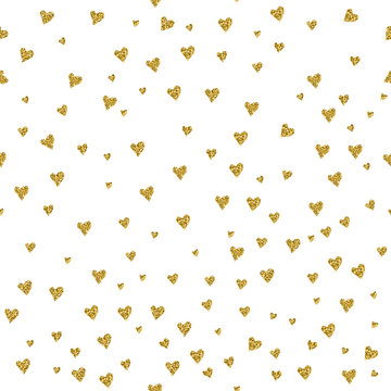 Seamless pattern with gold hearts. Valentine's Day.  Gold glitter background. Gift wrap, print, cloth, cute background for a card.