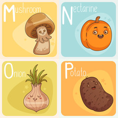 Cute Vegetable and Fruit Alphabet. Cartoon Characters