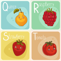 Cute Vegetable and Fruit Alphabet. Cartoon Characters