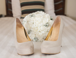 Closeup detail of bridal stiletto shoes